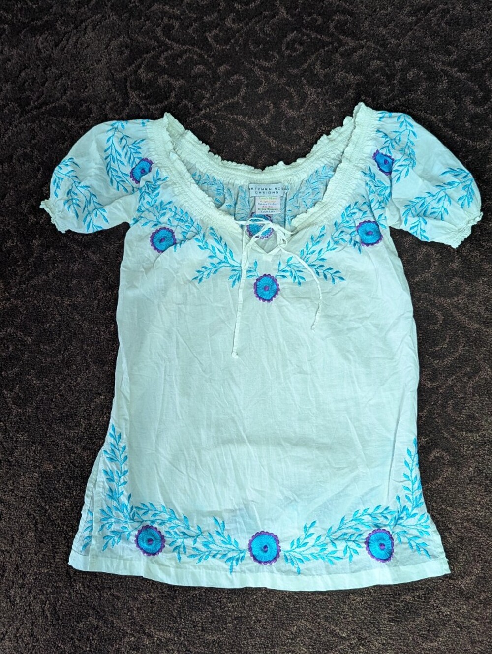 Gretchen Scott Babydoll XS White Top Peasant Boho Embroidered Flowy Gauze Fits M